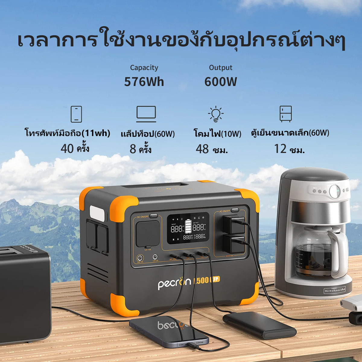 เครื่องจ่ายไฟแบบพกพา PECRON E500LFP 600W 576Wh